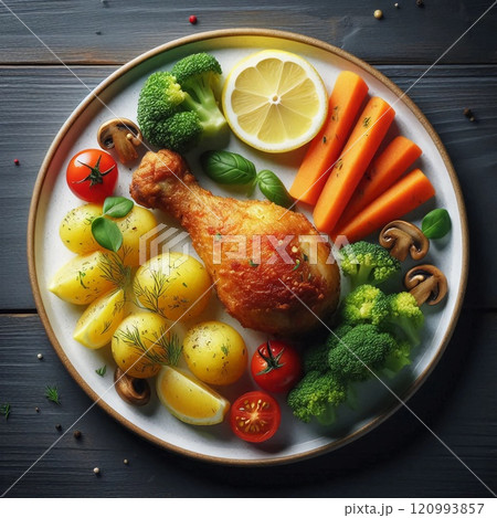 A delicious meal with roasted chicken drumstick boiled potatoes broccoli cherry tomatoes carrot sticks lemon wedge garnished with fresh dill. 120993857