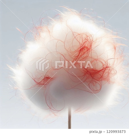 A fluffy white cotton candy with red sprinkles on a stick against a plain background. A fluffy white cotton candy with red sprinkles on a stick against a plain background. 120993873