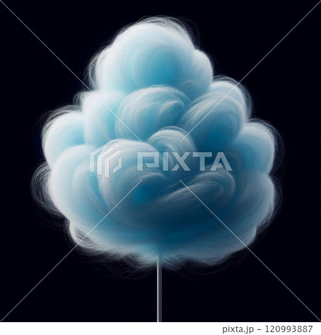 Dreamy blue cotton candy on a dark background evoking a sense of sweetness and whimsy in a magical, surreal artistic setting. 120993887