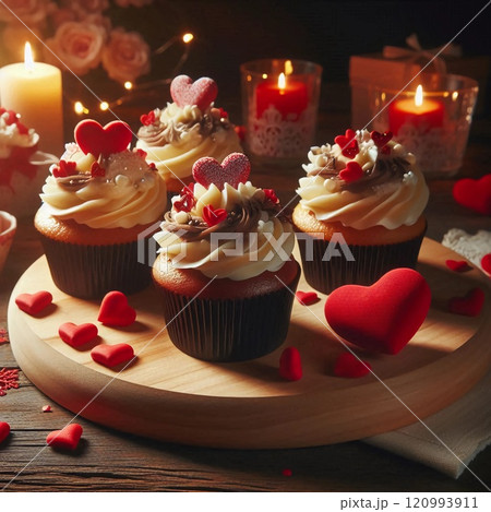 Romantic Cupcakes with Heart Decorations and Candlelight, Perfect for Valentine's Day Celebrations or Special Occasions. Delightful Dessert with Creamy Frosting, Surrounded by Red Hearts and Glowing 120993911