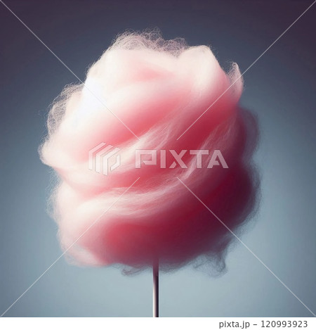 An elegant swirl of fluffy cotton candy in pink tones on a black background, creating a fairytale and whimsical atmosphere, symbolizing nostalgia, sweetness and lightness in a bright modern 120993923