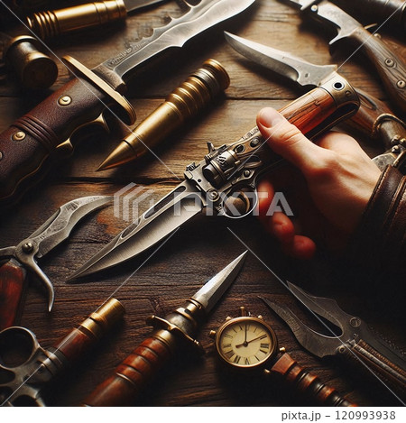 A collection of vintage knives and bullets on a wooden surface held by a hand with a steampunk-style knife creating a unique scene A collection of vintage knives and bullets on a wooden surface held by a hand with a steampunk-style knife creating a unique scene 120993938