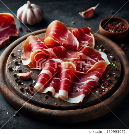 Rustic Gourmet Arrangement of Cured Ham with Artisan Slices and Seasonings on Wooden Board Amidst Authentic Rustic Setting Rustic Gourmet Arrangement of Cured Ham with Artisan Slices and Seasonings on Wooden Board Amidst Authentic Rustic Setting 120993971