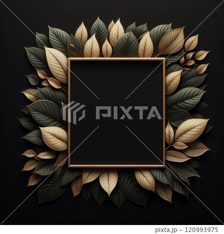 A black square frame surrounded by lush green leaves creating a natural and elegant background perfect for design projects and presentations. 120993975