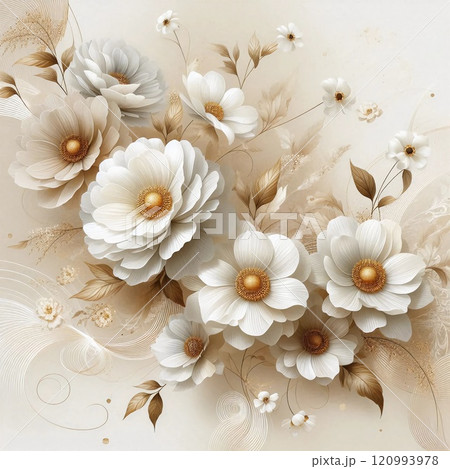 Elegant Floral Arrangement Featuring White and Gold Flowers with Artistic Leaves and Stems in a Soft, Neutral Background Illustrating the Harmony and Tranquility of Nature's Beauty and Serenity Elegant Floral Arrangement Featuring White and Gold Flowers with Artistic Leaves and Stems in a Soft, Neutral Background Illustrating the Harmony and Tranquility of Nature's Beauty and Serenity 120993978