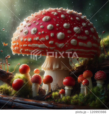 Enchanted Forest Scene Featuring Dew-Covered Amanita Mushrooms with Lush Green Moss and Fallen Tree Branch on a Misty Morning Enchanted Forest Scene Featuring Dew-Covered Amanita Mushrooms with Lush Green Moss and Fallen Tree Branch on a Misty Morning 120993986