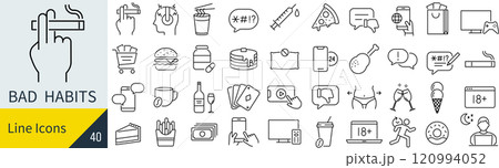 悪習慣に関する線画アイコンセット 120994052
