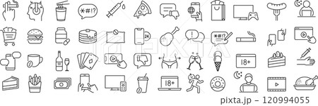 ベクターでモノクロの悪習慣に関する線画アイコンセット 120994055