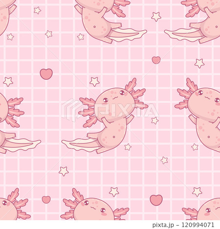 Seamless pattern with cute Axolotl on pink checkered background with heart. Funny Little cartoon kawaii character. Vector illustration. Kids collection. 120994071