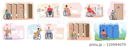 Equipped and unequipped hygiene space restroom environment for inclusive people using wheelchair Equipped and unequipped hygiene space restroom environment for inclusive people using wheelchair 120994079