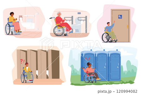 Inclusive people character in wheelchair using lavatory restroom with various services and condition 120994082