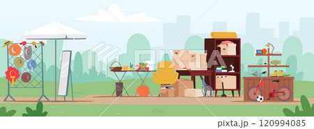 Garage sale cartoon yard background with vintage goods, obsolete household stuff and furniture Garage sale cartoon yard background with vintage goods, obsolete household stuff and furniture 120994085