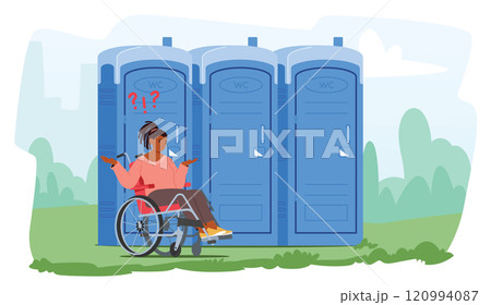Confused teenage girl cartoon character in wheelchair having troubles with outdoor public WC usage 120994087