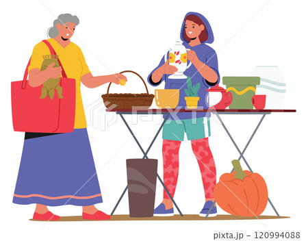 Senior woman customer choosing obsolete second hand household items at neighborhood garage sale 120994088