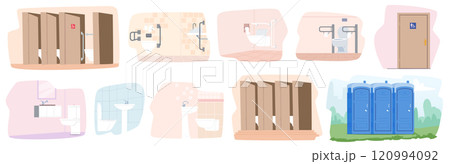 Variety of lavatory room, hygiene restroom, park WC, public indoor sanitary washroom interior design 120994092