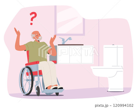 Displeased senior man cartoon character in wheelchair discouraged by inability to use toilet 120994102