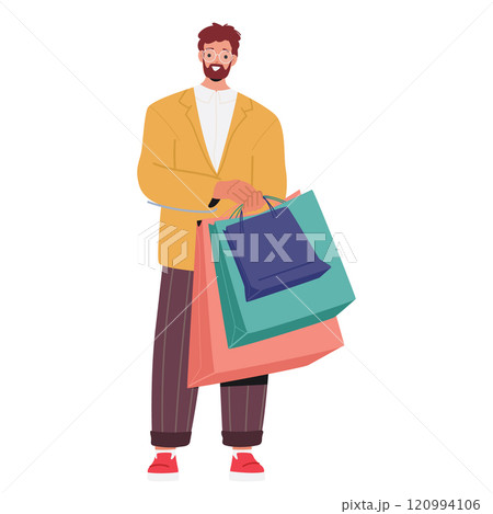 Elegant trendy fashion guy shopper cartoon character standing with sale purchases in shopping bags 120994106