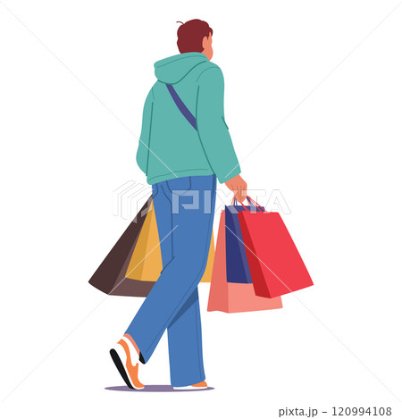 Man customer cartoon character carrying paper shopping bags in hands walking view behind back Man customer cartoon character carrying paper shopping bags in hands walking view behind back 120994108