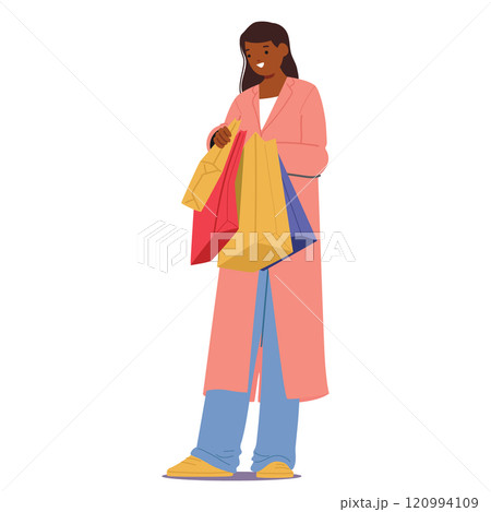 Young woman cartoon character carrying shopping bags with purchases isolated on white background Young woman cartoon character carrying shopping bags with purchases isolated on white background 120994109