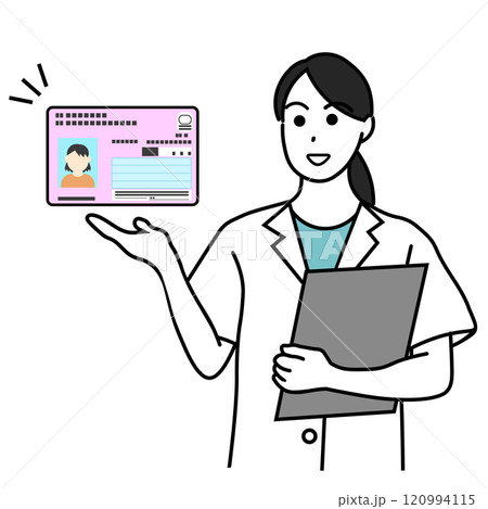 マイナ保険証を案内する女性医療従事者のイラスト 120994115