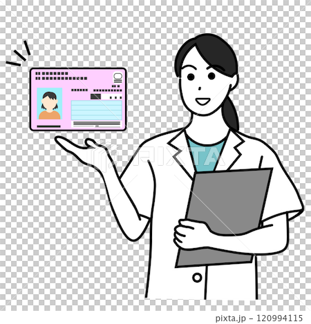 マイナ保険証を案内する女性医療従事者のイラスト 120994115