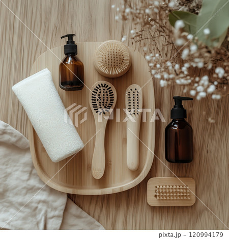 The Essentials for a Natural Lifestyle and Beauty are Beautifully Displayed on a Wooden Tray The Essentials for a Natural Lifestyle and Beauty are Beautifully Displayed on a Wooden Tray 120994179