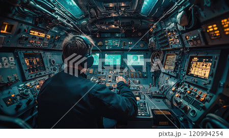 Naval officer operating advanced submarine control room systems for maritime navigation and defense strategy 120994254