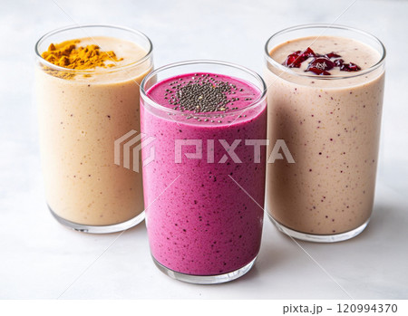 glasses of fresh healthy smoothies 120994370
