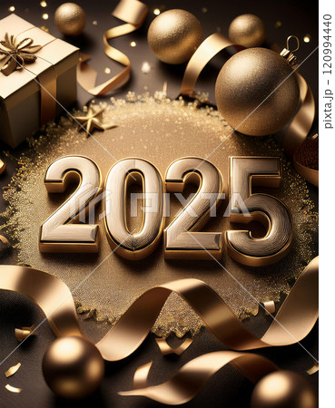 2025 New Year greeting card with gold ornaments, ribbons, and a festive background 120994440