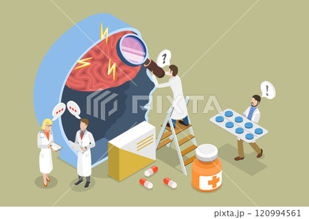 3D Isometric Flat Vector Illustration of Migraine or Headache, Diagnosis And Treatment 120994561