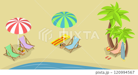 3D Isometric Flat Vector Set of Summer Beach, Vacation by the Sea 120994567