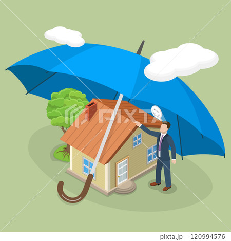 3D Isometric Flat Vector Illustration of Home Insurance, Residential Building Protection Under Strong Cover Umbrella 3D Isometric Flat Vector Illustration of Home Insurance, Residential Building Protection Under Strong Cover Umbrella 120994576