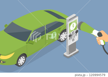 3D Isometric Flat Vector Illustration of Electric Car At Charging Station, Clean Energy 120994579