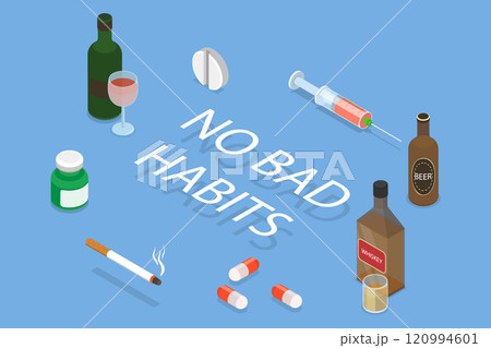 3D Isometric Flat Vector Illustration of Stop Bad Habits, No Drugs, Alcohol, And Cigarettes 3D Isometric Flat Vector Illustration of Stop Bad Habits, No Drugs, Alcohol, And Cigarettes 120994601
