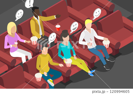 3D Isometric Flat Vector Illustration of Watching Movie, Happy People Enjoying Movie At Cinema With Popcorn 3D Isometric Flat Vector Illustration of Watching Movie, Happy People Enjoying Movie At Cinema With Popcorn 120994605