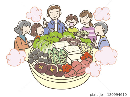 鍋料理を食べる家族 120994610