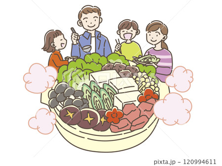 鍋料理を食べる家族 120994611