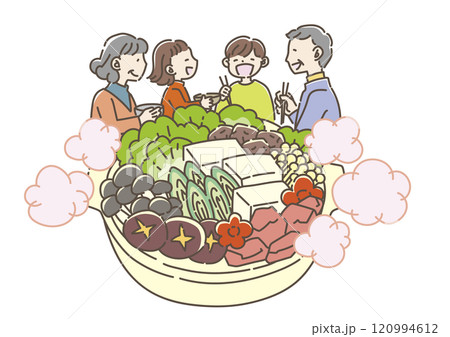鍋料理を食べる家族 120994612
