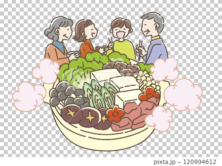 鍋料理を食べる家族 120994612