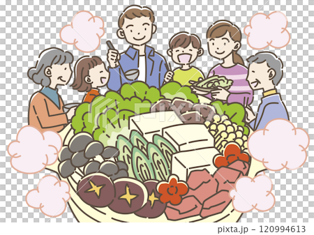 鍋料理を食べる家族 120994613