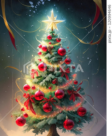 Enchanting Christmas tree in a snowy forest, adorned with ornaments and ribbons, glowing with a golden star 120994646