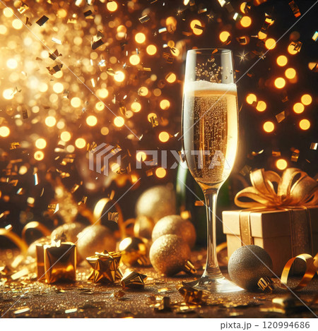 A glass of Sparkling wine with Christmas decorations and confetti 120994686