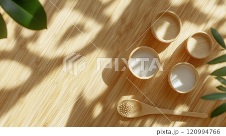 An Exquisite Elegant Bamboo Table Setting Featuring Natural Elements and Beautiful Ceramics 120994766