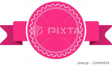 Pink blank round label with ribbon banner represents an award badge, celebrating achievement, quality, or guarantee, ideal for promotional or celebratory design 120994839