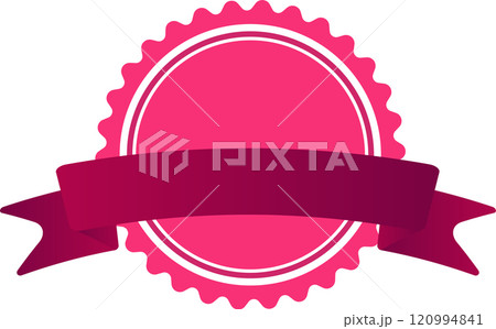 Pink blank scalloped round label featuring a dark pink ribbon banner, offering ample copy space ideal for advertising or marketing campaigns, enhancing promotional efforts 120994841
