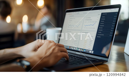 A person analyzes data on a laptop in a cozy cafe during the afternoon, surrounded by soft lighting and warm ambiance 120994842