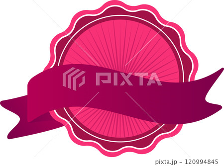 Pink vintage style circular label featuring a scalloped edge and a curved ribbon banner across the center, offering ample copy space for text or branding elements Pink vintage style circular label featuring a scalloped edge and a curved ribbon banner across the center, offering ample copy space for text or branding elements 120994845