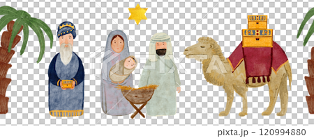 Wise man with a gift, camel and the holy family Christmas nativity scene seamless border digital watercolor isolated on white. Hand painted art perfect for textile, packaging, card, tape, Christmas 120994880