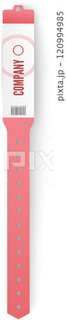 Pink wristband with adjustable closure, featuring company logo, barcode, and space for additional information, designed for event access control and identification Pink wristband with adjustable closure, featuring company logo, barcode, and space for additional information, designed for event access control and identification 120994985