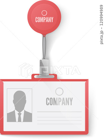 Red company id card hanging from a vibrant red balloon, displaying a businessman's photo along with designated space for essential information and the company logo Red company id card hanging from a vibrant red balloon, displaying a businessman's photo along with designated space for essential information and the company logo 120994989